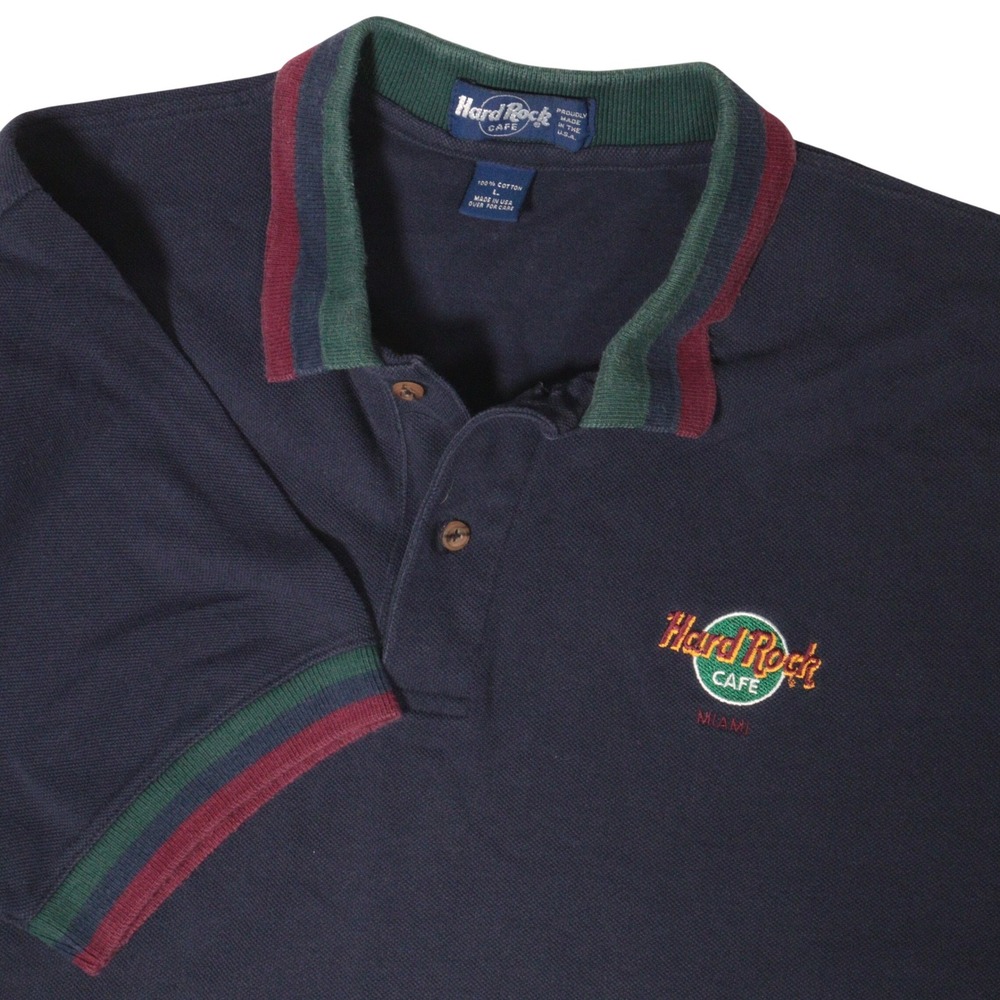 Vintage Hard Rock Cafe Polo Shirt Miami Embroidered Logo Navy Cotton USA Men L
